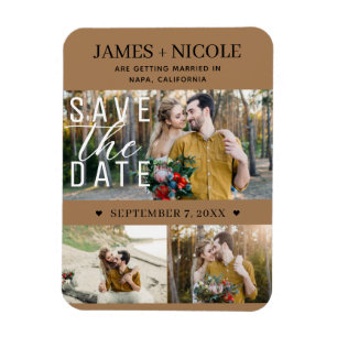 Moderne Brown Save the Date Hochzeit 3 Fotos Magnet