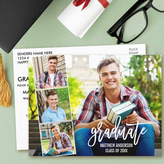 Moderne Brush Script 4 Foto Graduation Party Postkarte