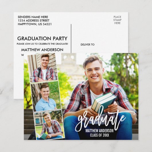Moderne Brush Script 4 Foto Graduation Party Postkarte (Vorne/Hinten)