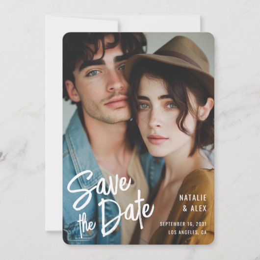 Moderne Brush Script Foto Hochzeit Save The Date (Vorderseite)
