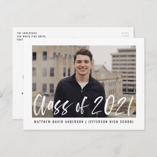 Moderne Brush Script Foto Virtual Graduation Party Einladungspostkarte (Vorne/Hinten)