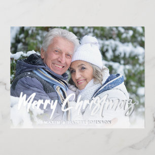 Moderne Brush Script Frohe Weihnachten Winter Foto Folien Feiertagspostkarte