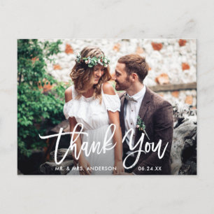 Moderne Brush Script Hochzeitsfoto Danke Wht Postkarte