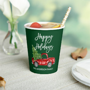 Moderne Brush Script Holidays Red Truck Green Pappbecher
