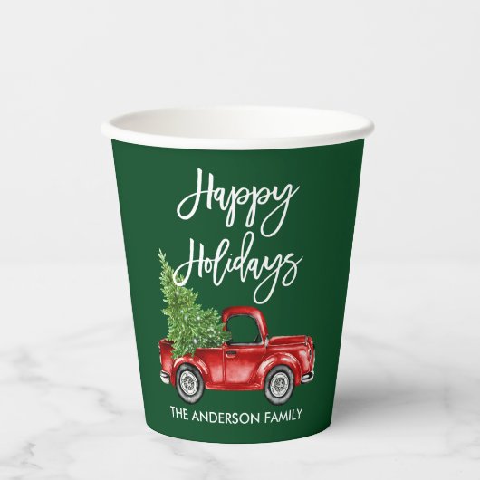 Moderne Brush Script Holidays Red Truck Green Pappbecher (Vorderseite)