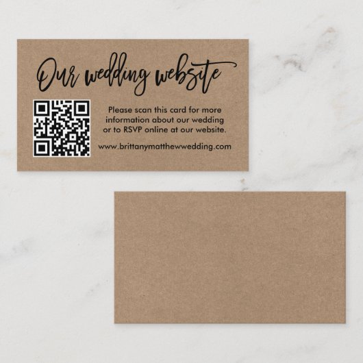 Moderne Brush Script Kraft Wedding Website QR Begleitkarte (Vorne/Hinten)