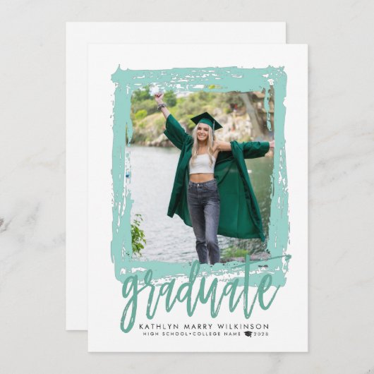 Moderne Brush Script Mint 2 Foto Graduation Party Einladung (Vorne/Hinten)