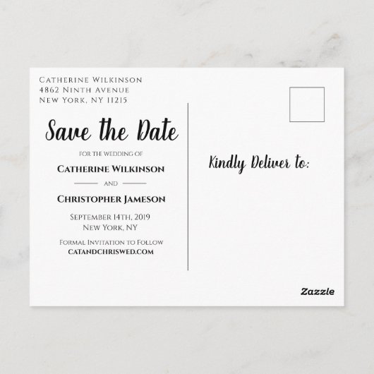 Moderne Brush Script Save the Date Foto Hochzeit Postkarte (Rückseite)