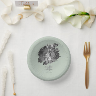 Moderne Brushstroke Foto Wedding   Sage Green Pappteller