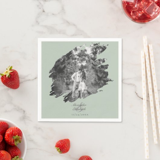 Moderne Brushstroke Foto Wedding | Sage Green Serviette (Beispiel)