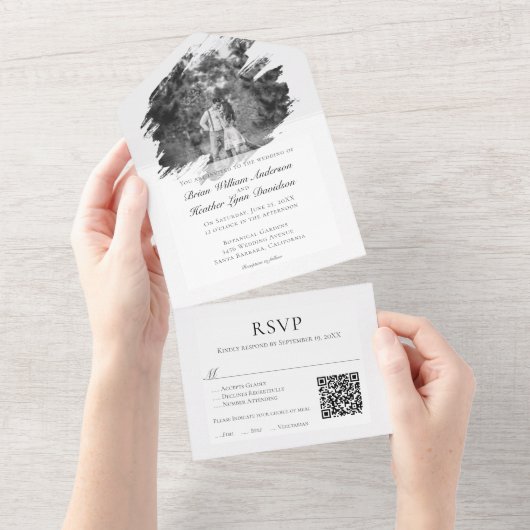 Moderne Brushstroke Foto Wedding | Weiß All In One Einladung (Abreißen)