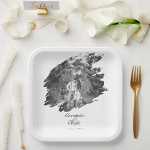 Moderne Brushstroke Foto Wedding   Weiß Pappteller