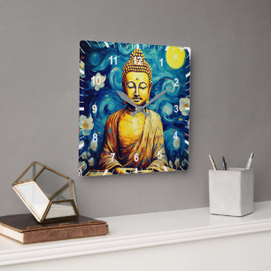 Moderne Buddha-Malerei bunt Quadratische Wanduhr