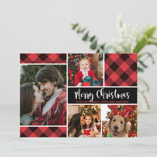 Moderne Buffalo Kariert Foto Collage Weihnachtskar (Stehend Vorderseite)