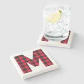 Moderne Buffalo-Karo-M-Monogramm Steinuntersetzer (Seitenansicht)