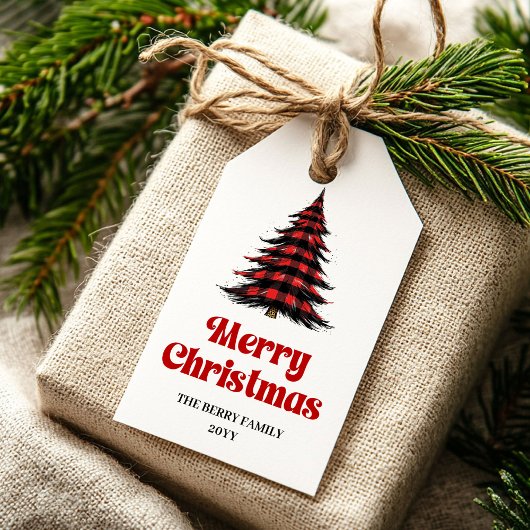 Moderne Büffel-Baum-Geschenkanhänger in rot-grünem Geschenkanhänger