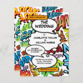 Moderne bunt typografische Fun Comic Hochzeit Einladungspostkarte (Vorne/Hinten)