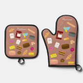 Moderne bunte Backwaren und Backhilfsmittel OV Ofenhandschuh & Topflappen-Set (Vorderseite)