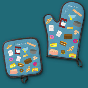 Moderne bunte Backwaren und Backutensilien Ofenhandschuh & Topflappen-Set
