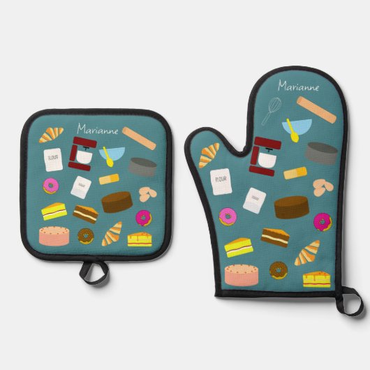 Moderne bunte Backwaren und Backwaren Ofenhandschuh & Topflappen-Set (Vorderseite)