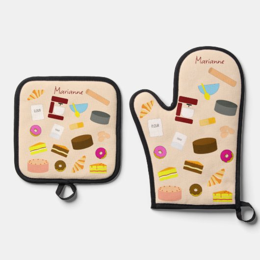 Moderne bunte Backwaren und Backwaren Ofenhandschuh & Topflappen-Set (Vorderseite)