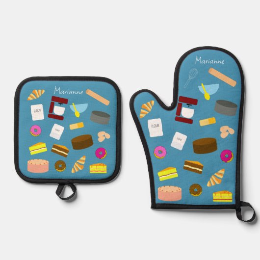 Moderne bunte Backwaren und Backwaren Ofenhandschuh & Topflappen-Set (Vorderseite)