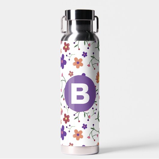 Moderne, bunte, florale, violette Monogramme Trinkflasche (Vorne)