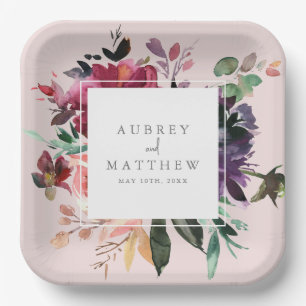 Moderne Burgund Blues Blush Pink Wedding Pappteller