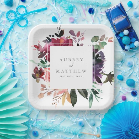 Moderne Burgund-Blumenhochzeit Pappteller (Party)