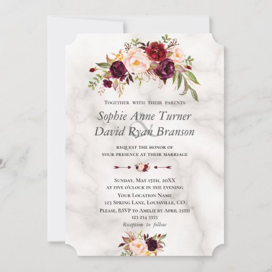 Moderne Burgund Blush Blume Marmorhochzeit Einladung (Vorderseite)