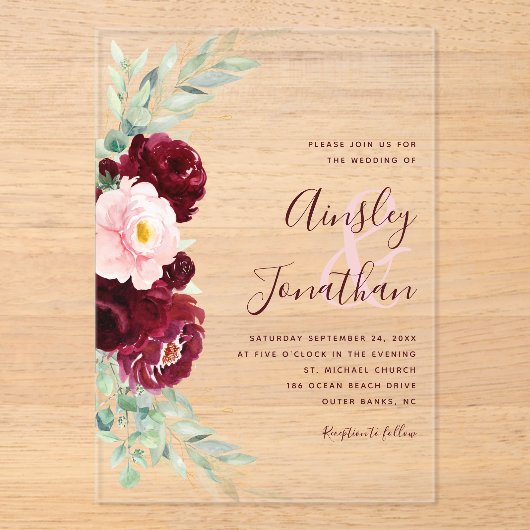 Moderne Burgund Blush Blumengrün Hochzeit Acryleinladungen (Vorderseite)