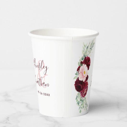 Moderne Burgund Blush Blumengrün Hochzeit Pappbecher (Rechts)