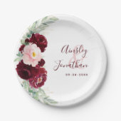 Moderne Burgund Blush Blumengrün Hochzeit Pappteller (Vorderseite)