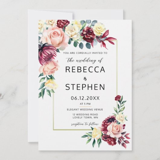 Moderne Burgund Blush-Rose Blumenzwiebelhochzeit Einladung (Vorderseite)