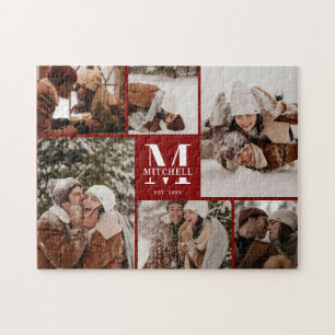 Moderne Burgund-Familie 6 FotoCollage Keepake Puzzle