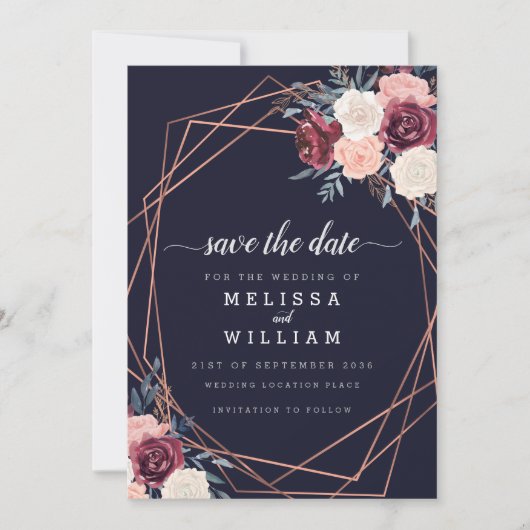 Moderne Burgund-Floral Geometric Wedding Save The Date (Vorderseite)