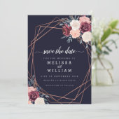 Moderne Burgund-Floral Geometric Wedding Save The Date (Stehend Vorderseite)