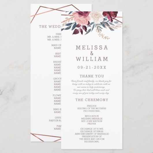Moderne Burgund-Floral Ivory Geometric Wedding Programm (Vorne/Hinten)