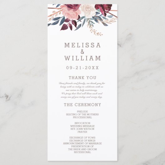 Moderne Burgund-Floral Ivory Geometric Wedding Programm (Vorderseite)