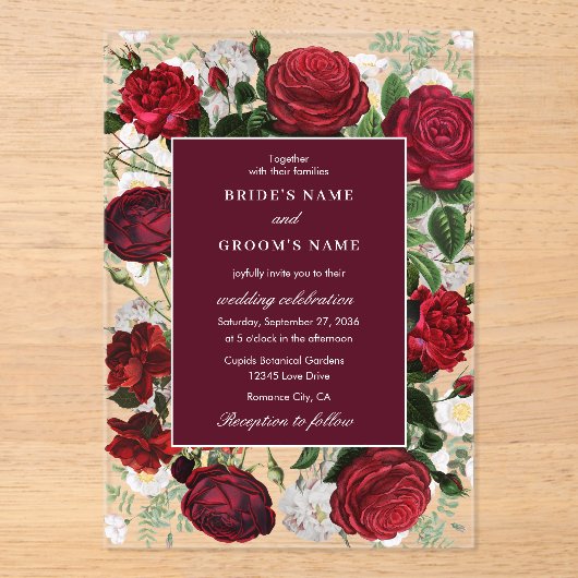Moderne Burgund Floral Wasserfarbe Elegante Hochze Acryleinladungen (Vorderseite)