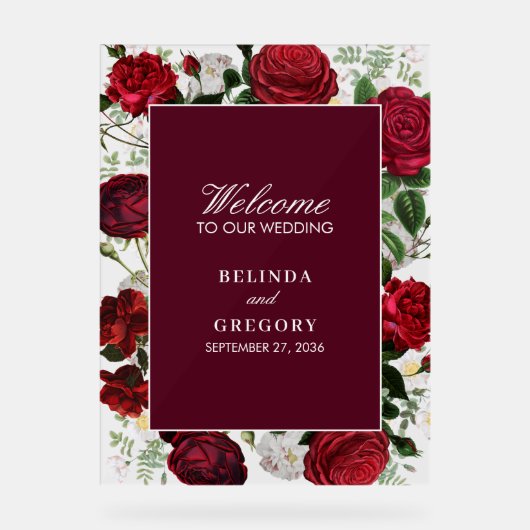 Moderne Burgund Floral Wasserfarbe Elegante Hochze Acrylschild (Vorderseite)