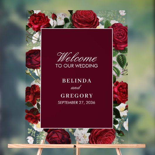 Moderne Burgund Floral Wasserfarbe Elegante Hochze Acrylschild (Neutral)