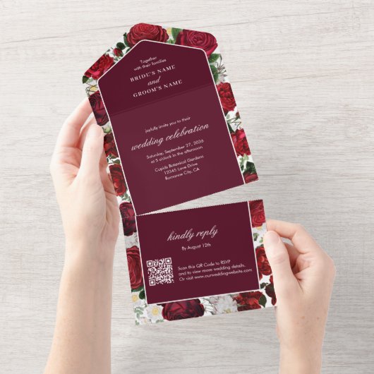 Moderne Burgund Floral Wasserfarbe Elegante Hochze All In One Einladung (Abreißen)