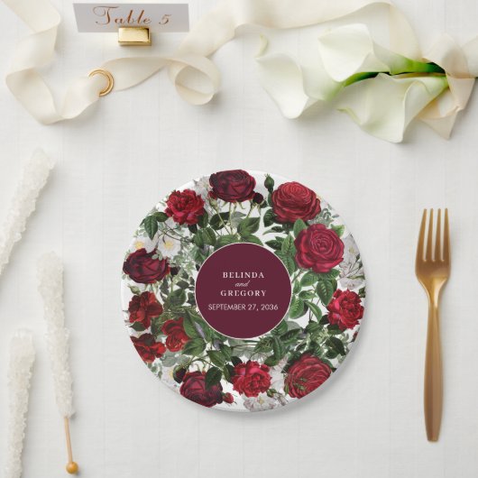 Moderne Burgund Floral Wasserfarbe Elegante Hochze Pappteller (Hochzeit)
