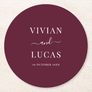Moderne Burgund formale Minimalhochzeit Runder Pappuntersetzer