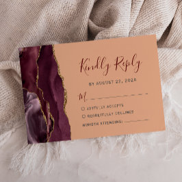 Moderne Burgund Gold Agate Peach Wedding RSVP Kart
