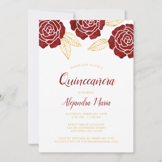 Moderne Burgund Gold Rose Quinceanera Einladungen (Vorderseite)