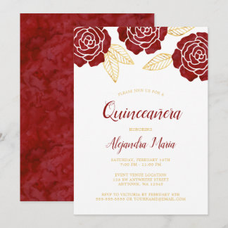 Moderne Burgund Gold Rose Quinceanera Einladungen
