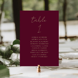 Moderne Burgund-Gold-Script-Hochzeitsskrippe-Tisch Tischnummer