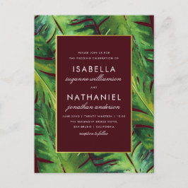 Moderne Burgund & Grüne tropische Blätter Hochzeit Einladungspostkarte